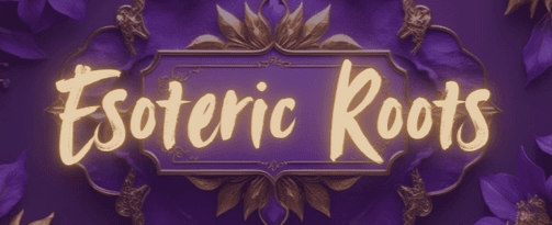 Esoteric Roots logo featuring gold script text on a purple floral and ornate gold filigree background.
